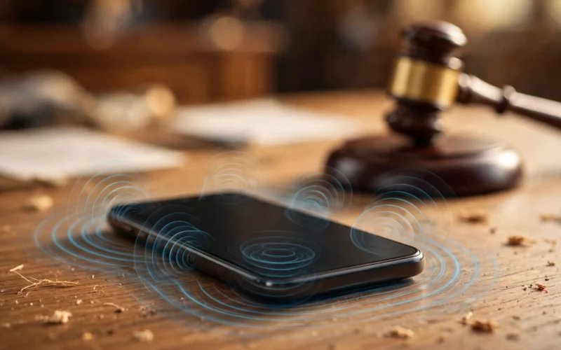 Smartphone on a desk with a courtroom gavel blurred behind