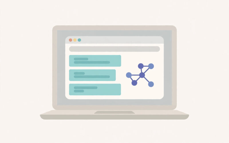 Minimal illustration of a laptop browser window with abstract code blocks and a network node graphic