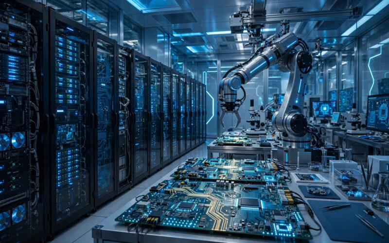 Semiconductor lab with server racks and a robotic arm for the Arm AI Portal story