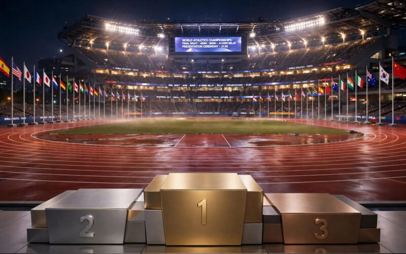 Asian Games stadium at night with medal podiums and national flags