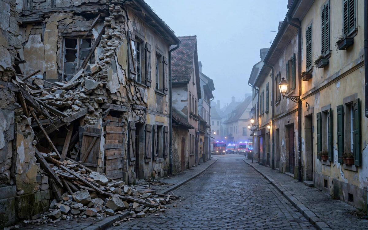 Illustration of a historic old-town street at dawn with a damaged building and emergency vehicles in the distance.
