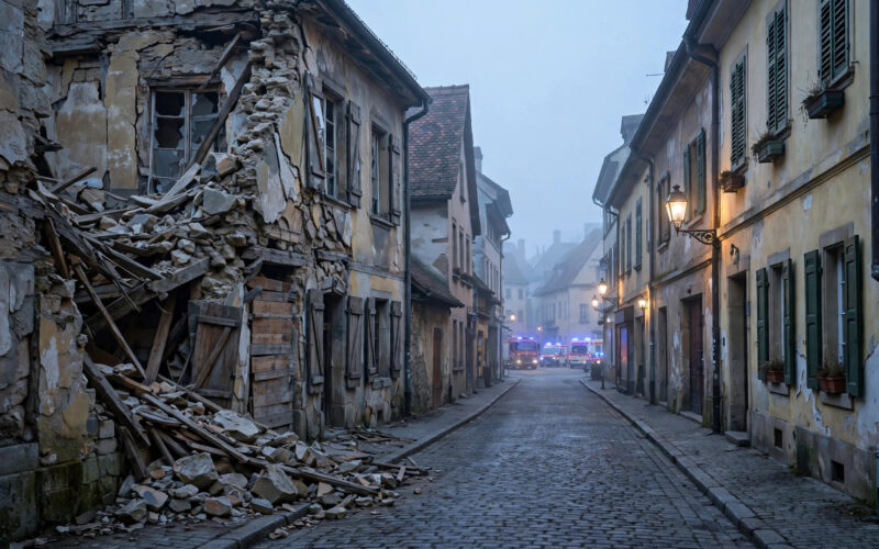 Illustration of a historic old-town street at dawn with a damaged building and emergency vehicles in the distance.