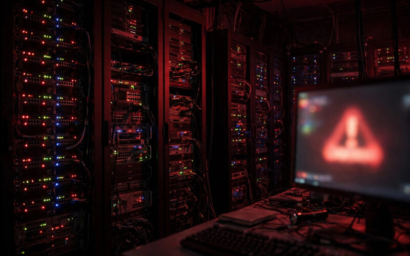 Dark server room with blinking lights and a blurred alert after ransomware claim