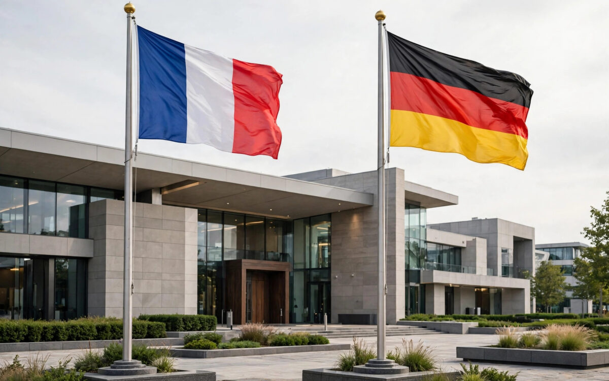 Illustration of two national flags on flagpoles in front of an international summit venue.