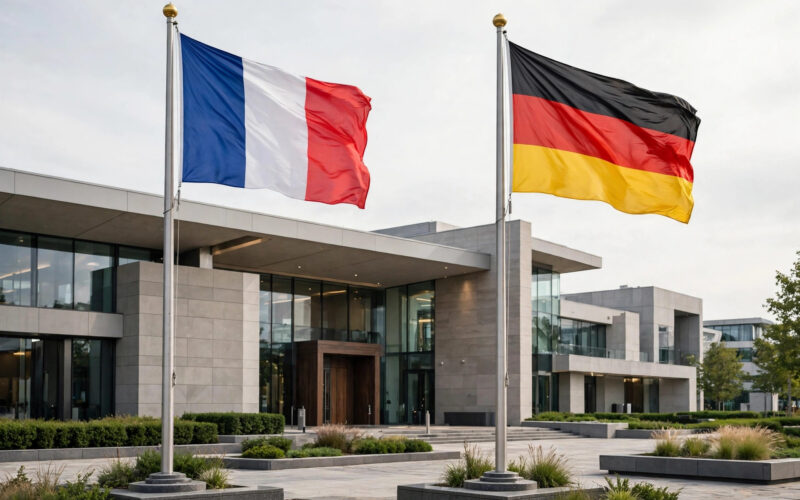 Illustration of two national flags on flagpoles in front of an international summit venue.