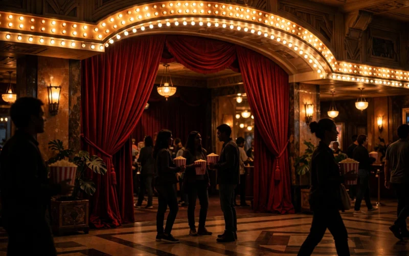 A glowing movie theater lobby with red curtains and moviegoers holding popcorn.