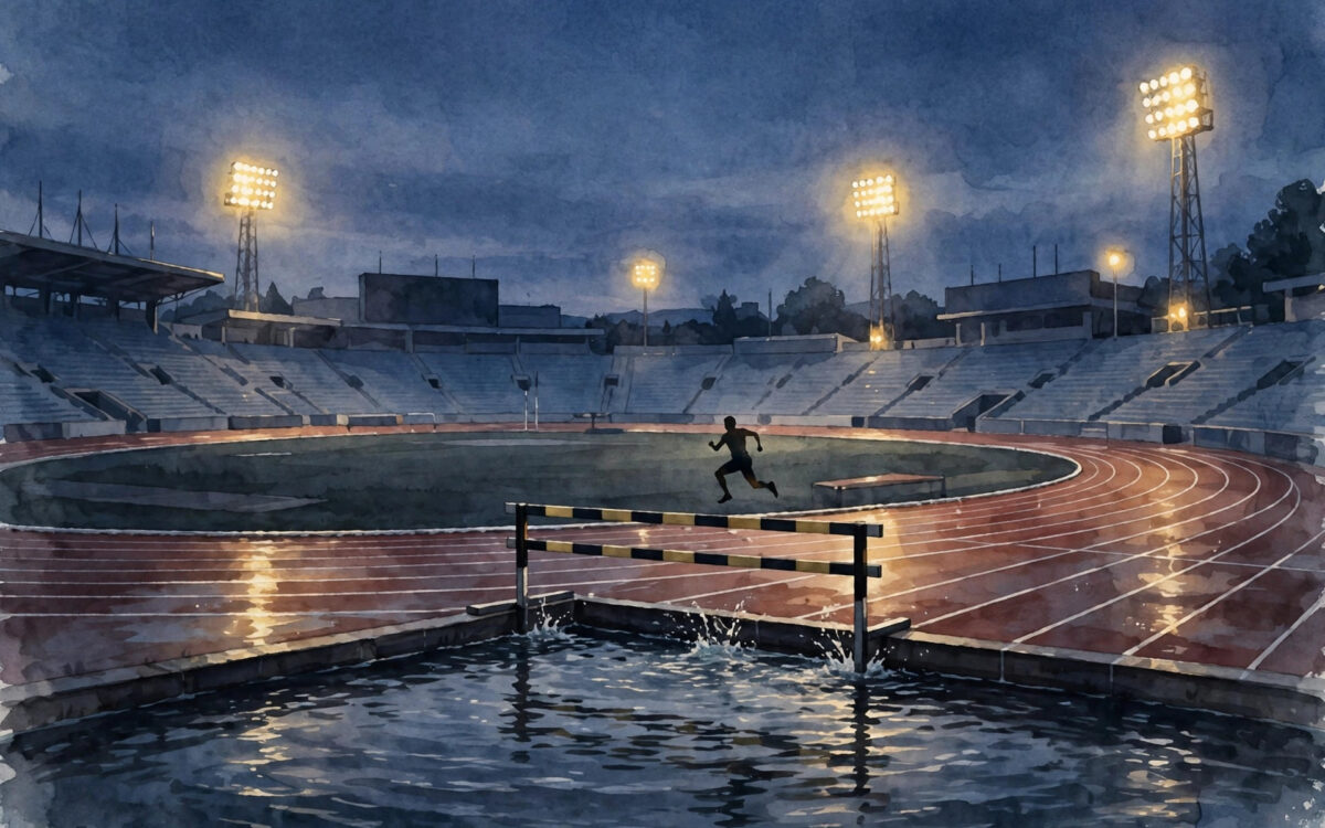 Illustration of a lone runner clearing a steeplechase water-jump barrier at dusk