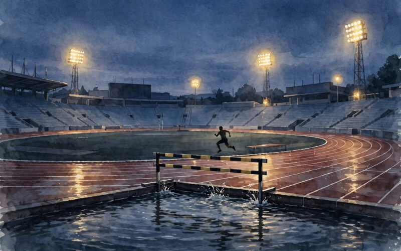 Illustration of a lone runner clearing a steeplechase water-jump barrier at dusk