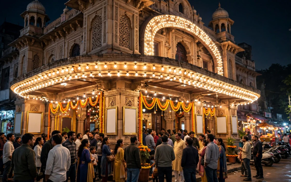 Crowd of moviegoers outside a brightly lit Indian cinema hall at night.