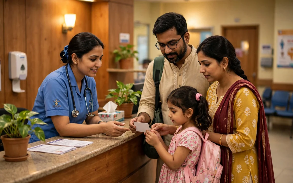 A family receives help at an Indian hospital reception desk.