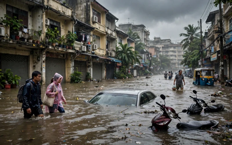 A flooded Bangkok street with partially submerged cars and residents wading through water.