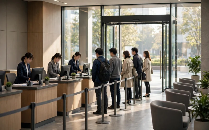 A busy bank branch with customers at service counters