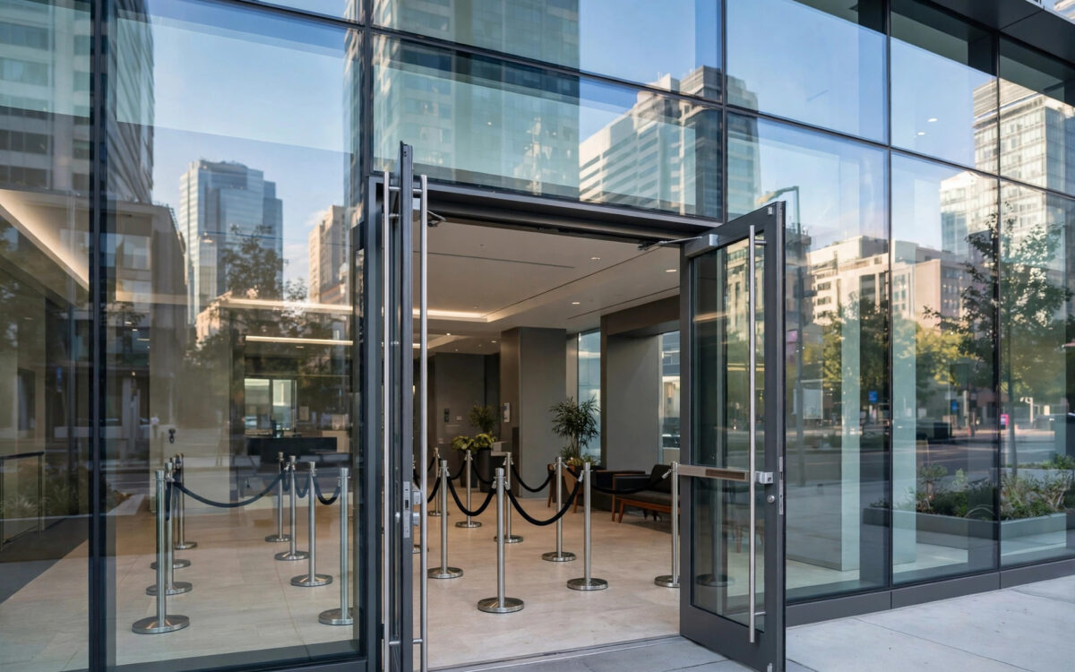 Modern bank branch with open doors in the morning after strike deferral
