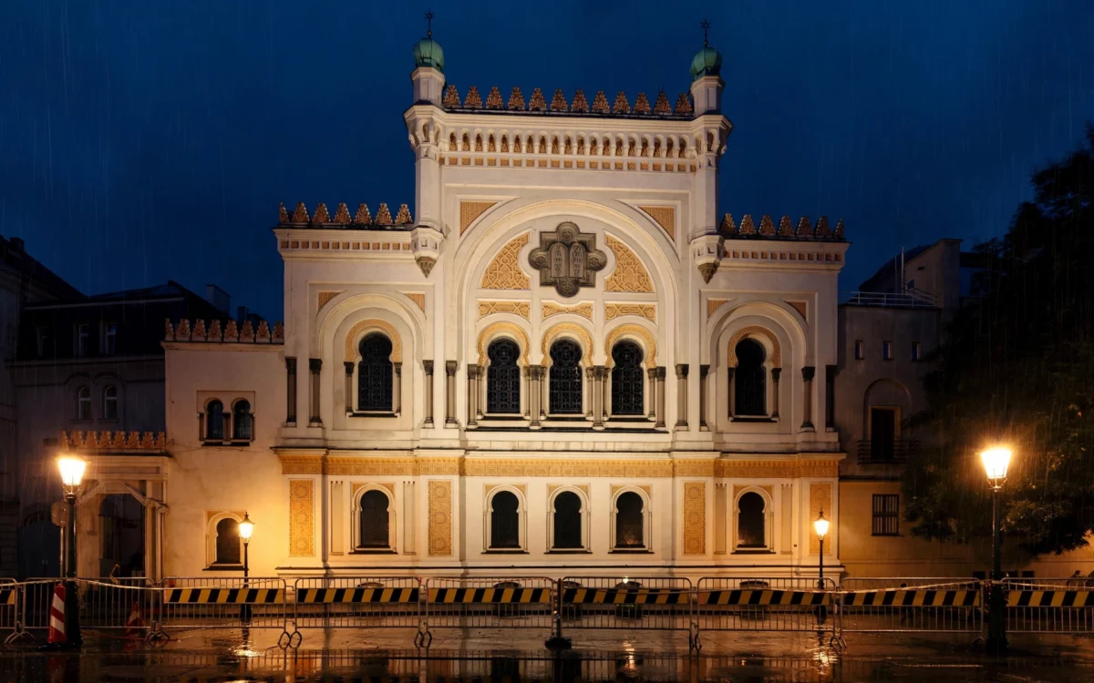 Synagogue facade at night with a police cordon