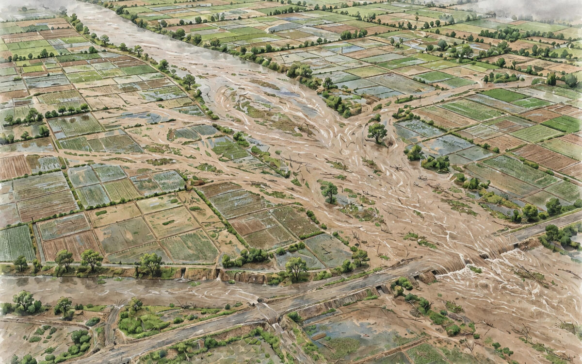 An illustration of a swollen river flooding farmland and a submerged rural road under a monsoon sky.