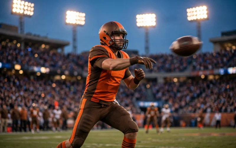 A football quarterback throwing a pass in a packed stadium under floodlights.