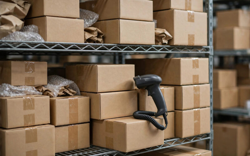 Warehouse shelves with e-commerce parcel boxes