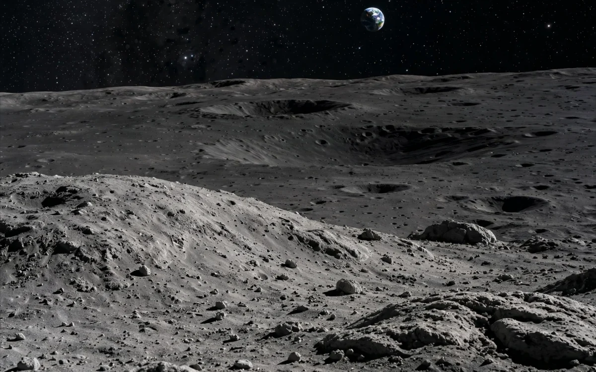 Cratered surface of the Moon with ancient impact basins and Earth glowing in the starry sky.