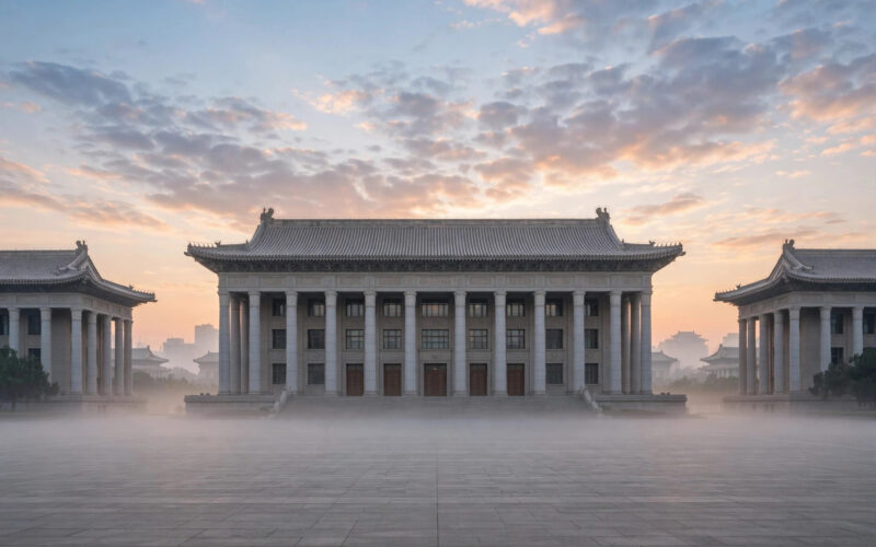 Illustration of a grand government building facade in Beijing at dawn.