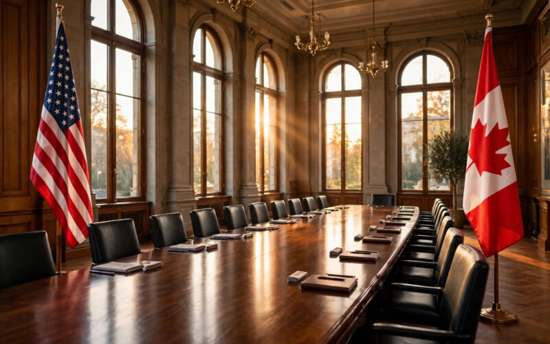 Empty summit hall with conference table after the US-China summit on tariffs and AI