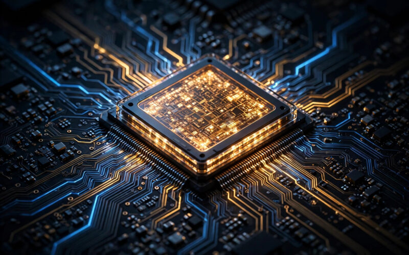 Close-up of a glowing microprocessor on a circuit board