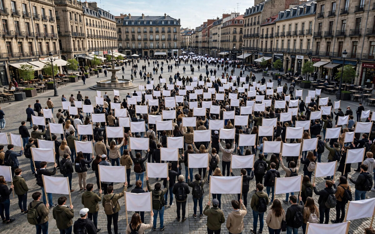 Illustration of a crowd of young people holding blank banners in a city square.