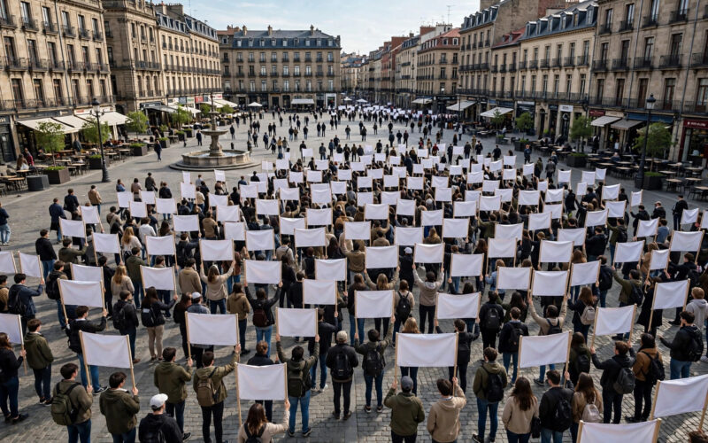 Illustration of a crowd of young people holding blank banners in a city square.