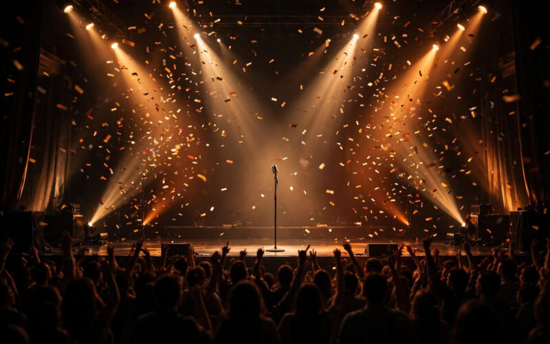 Concert stage with spotlights, confetti and a lone microphone
