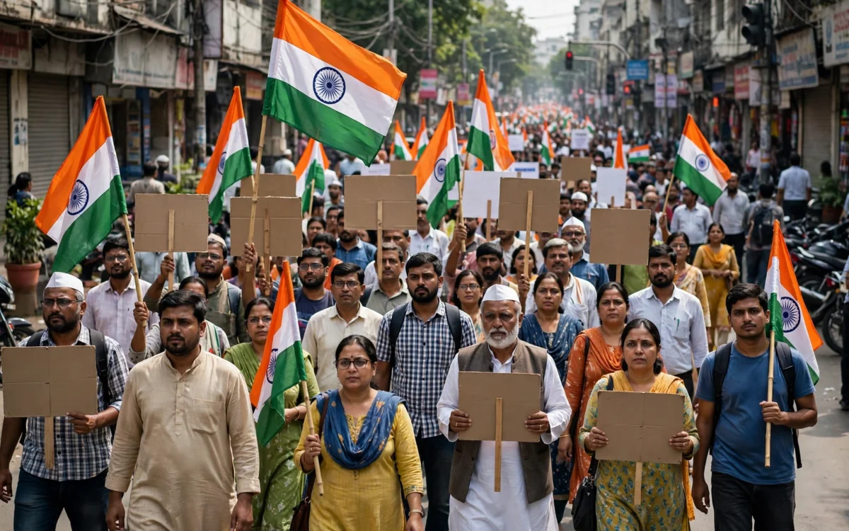 Congress supporters marching with flags during a protest rally