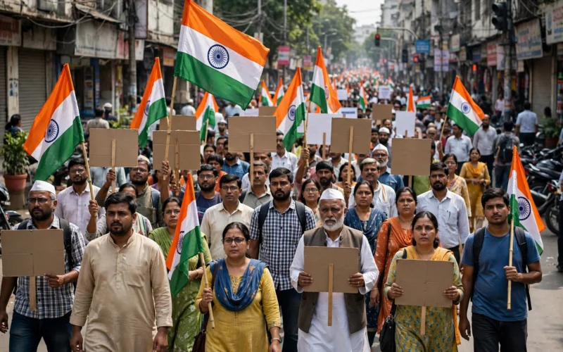 Congress supporters marching with flags during a protest rally