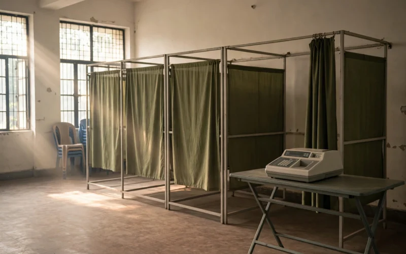 Empty Delhi polling station interior with voting booth compartments and a voting machine on a table in morning light.