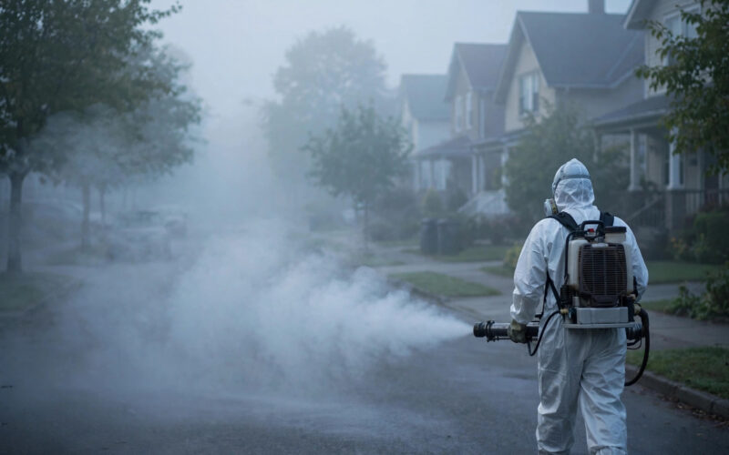 Health worker fogging a residential street for mosquito control at dawn