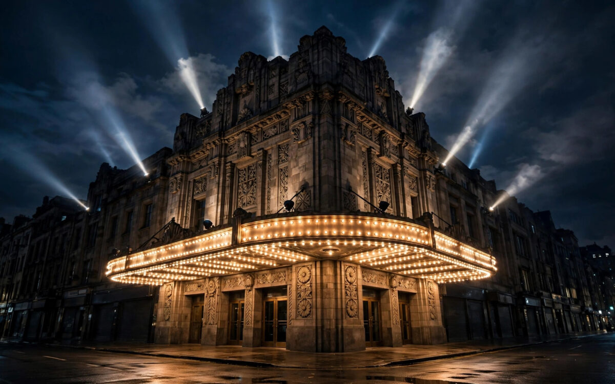 A cinema theatre glowing at night with spotlights in the sky