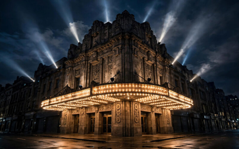 A cinema theatre glowing at night with spotlights in the sky