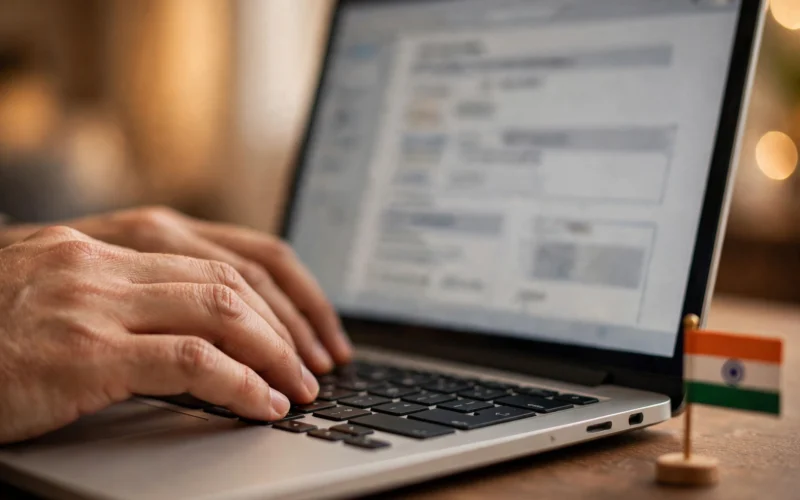 Hands typing on a laptop showing a generic government job application form.