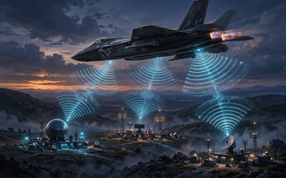 An illustration of a fighter jet flying at dusk with radio signal waves connecting it to ground stations.