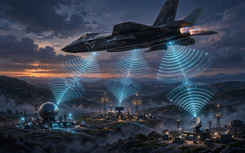 An illustration of a fighter jet flying at dusk with radio signal waves connecting it to ground stations.