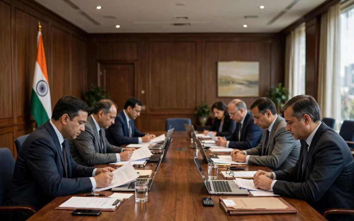 Officials at a long table during an election commission meeting
