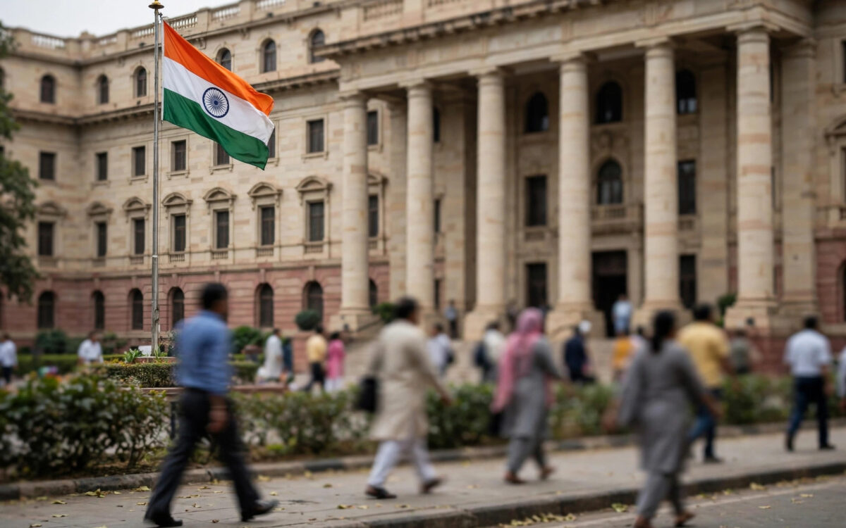 Election Commission office building exterior with the Indian tricolor