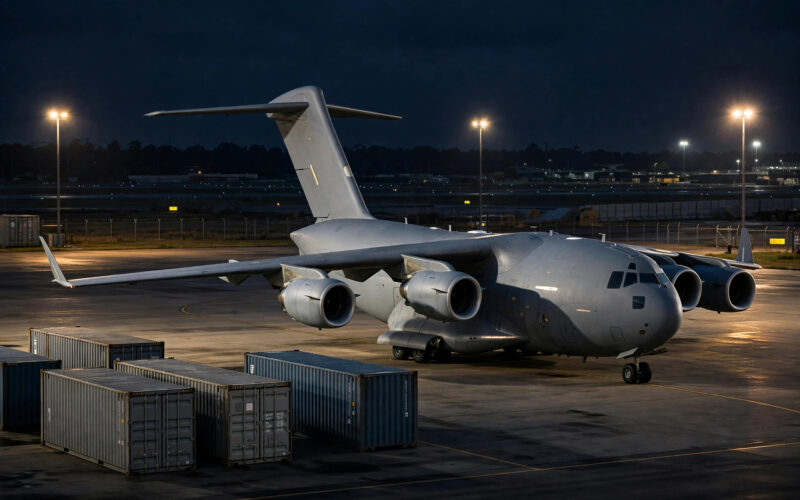 Illustration of a military cargo plane on a tarmac at night with shipping containers nearby.