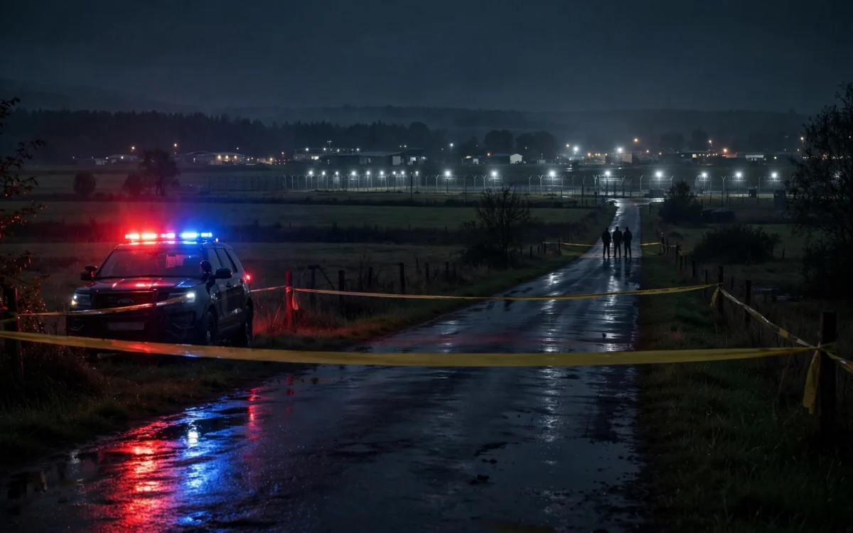 Police cordon and emergency vehicles near a rural road by an airbase at night
