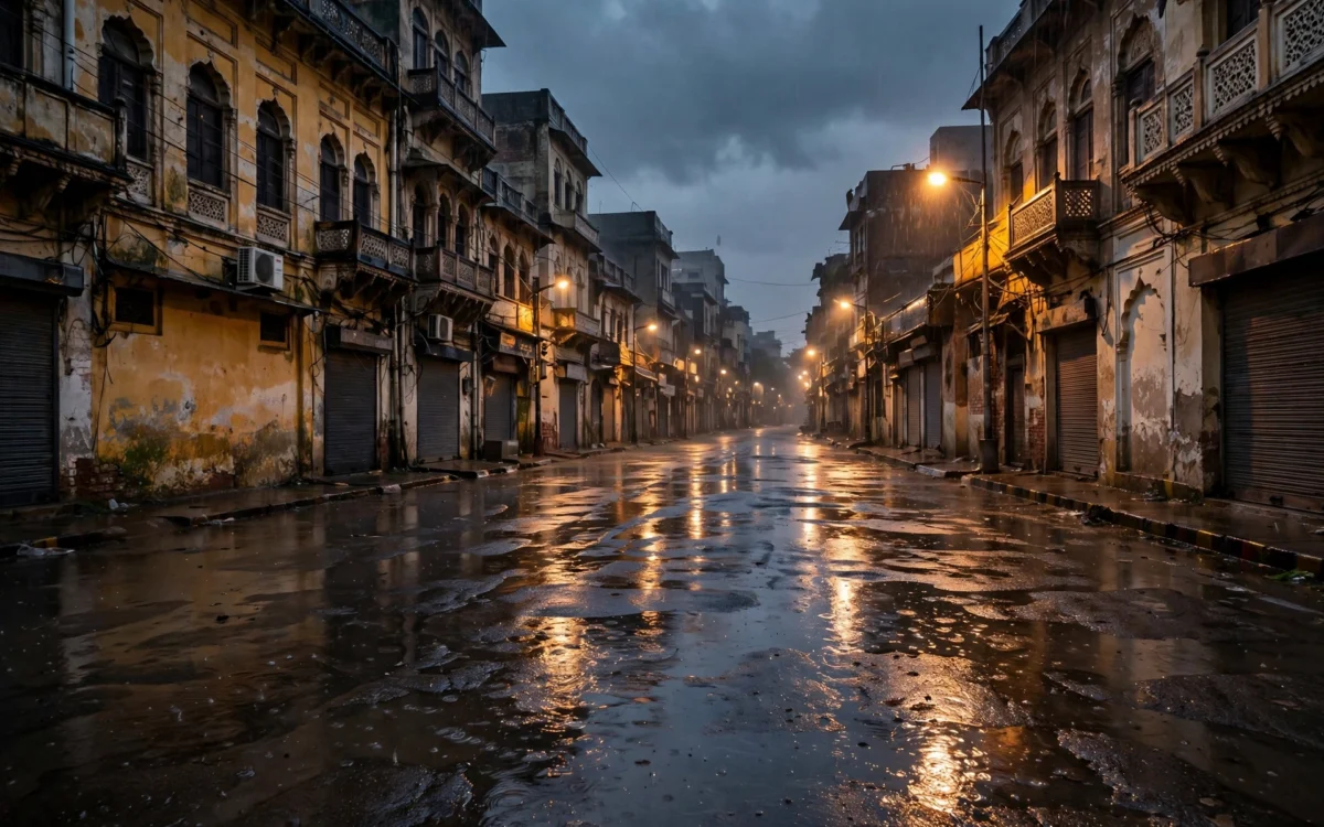 Rain-soaked Lucknow street at dusk with waterlogged puddles reflecting street lights.