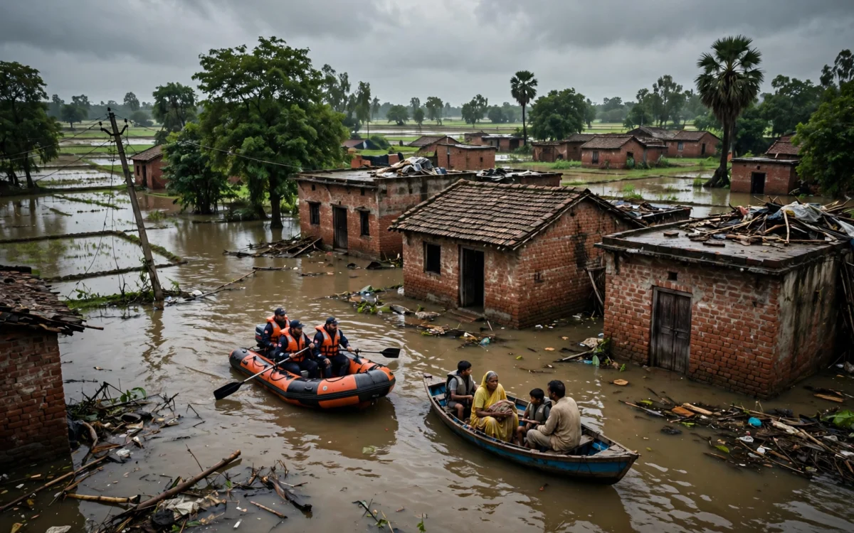 A flooded village in Uttar Pradesh with rescue boats near brick houses.