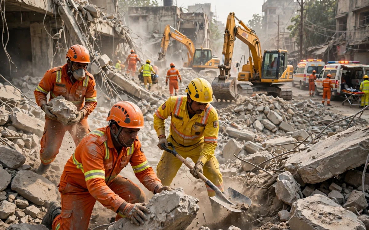 Rescue workers and cranes at a collapsed building site