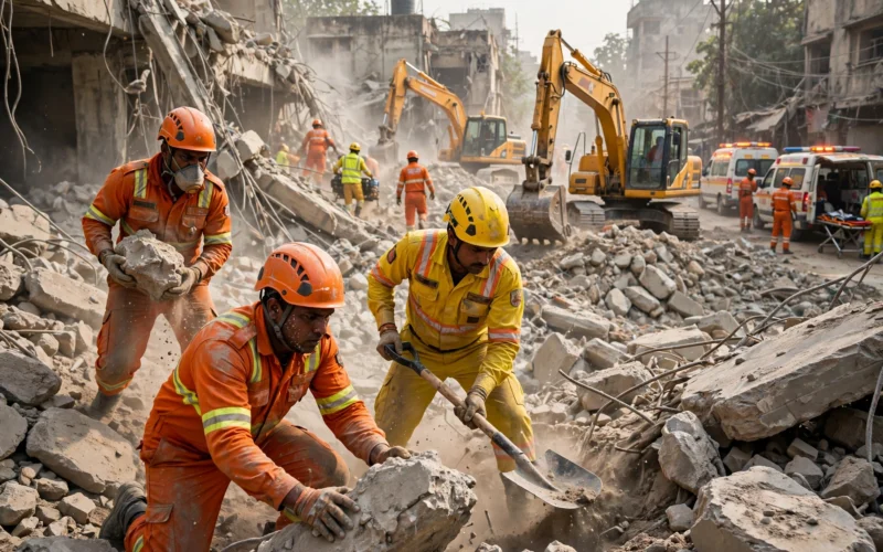 Rescue workers and cranes at a collapsed building site