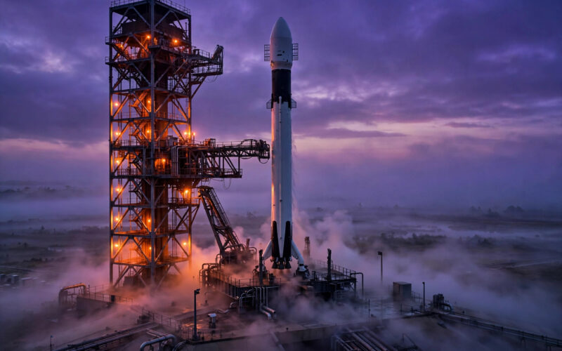 Rocket on a launch pad at dawn for ISRO's uncrewed Gaganyaan mission