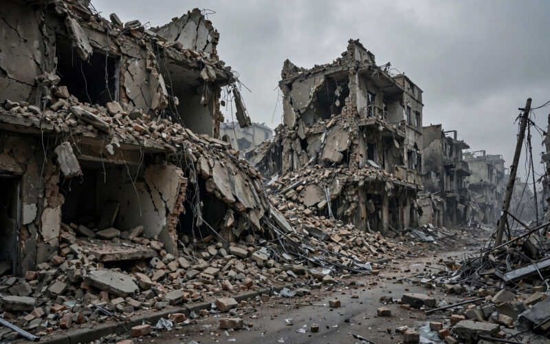 Illustration of damaged buildings and rubble in an urban area under a gray sky.