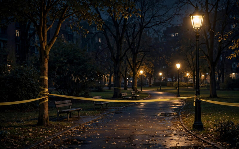 Illustration of an empty city park at night with police tape stretched between trees under streetlights.