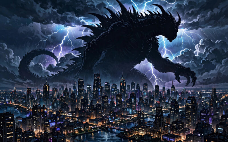 Stylised giant monster silhouette looming over a city skyline at night
