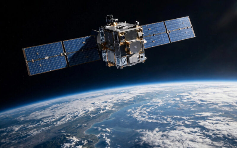 A small satellite with solar panels in low Earth orbit above Earth